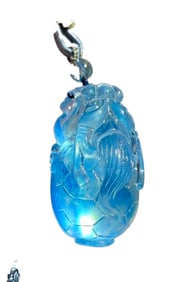 Beautiful Natural Aquamarine Carved Dragon Turtle Pendant w Hand Woven Necklace