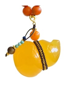 Beautiful Beeswax Carved Gourd Pendant w Hand Woven Chenxiang Wood & Nanhong Agate Beads Necklace