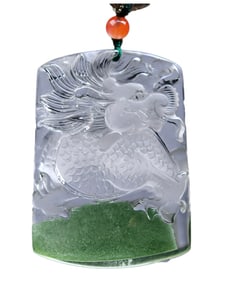 Beautiful Natural Green Crystal Carved Fortune Dragon Pendant w Hand Woven Necklace