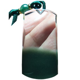 Beautiful Natural Green Crystal Carved Lucky Pendant w Hand Woven Necklace