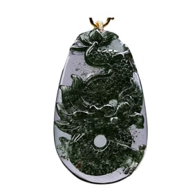 Beautiful Natural Green Crystal Carved Fortune Dragon Pendant w Hand Woven Beads Necklace
