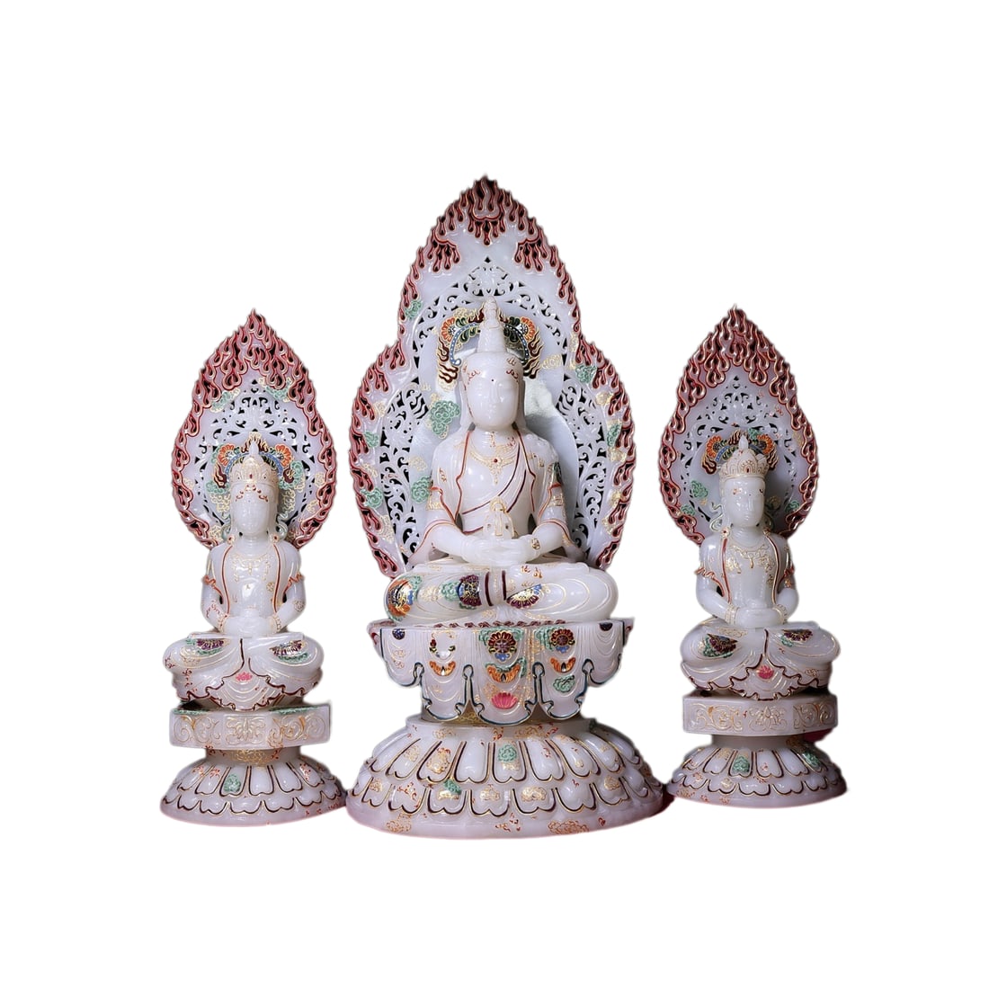 A Set Exquisite Chinese Colored Drawing White Hetian Jade Carved Three Kwan-yin Statues: A Set Exquisite Chinese Colored Drawing White Hetian Jade Carved Three Kwan-yin Statues Dimension: 470 x 210 x 148 (mm)18.50 x 8.27 x 5.83 (inches) Dimension: 358 x 121 x 92 (mm)14.09 x 4.76 x 3.62 (i