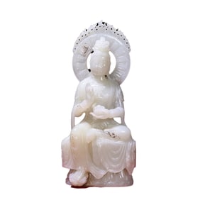 Exquisite Chinese White Hetian Jade Carved Kwan-yin Statue