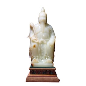 Exquisite Chinese Hetian Jade Carved Taoist Celestial Master Statue