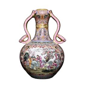 Chinese Qing Dynasty Gilt Edge Famille Rose Character Story Design Double Ear Ruyi Porcelain Vase
