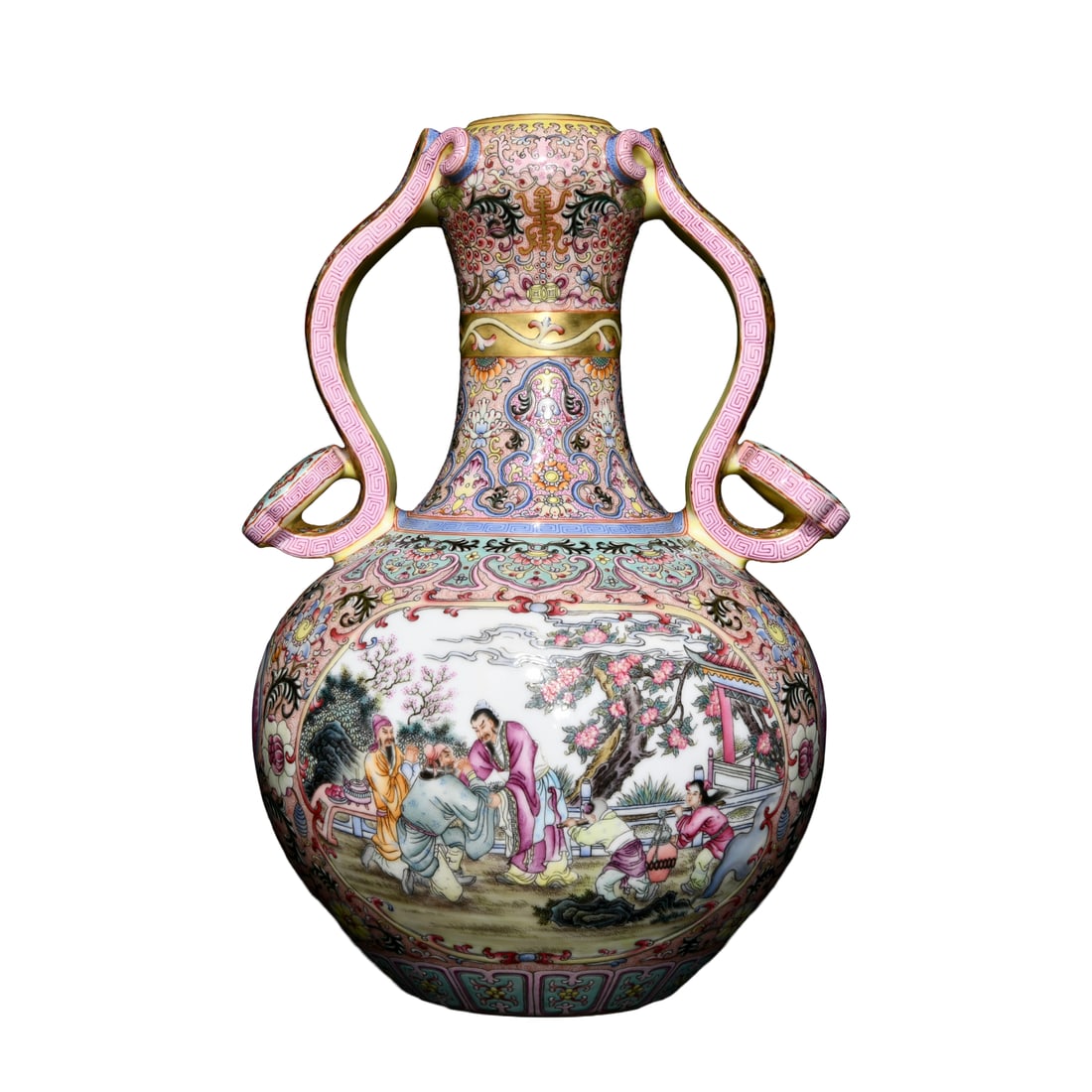 Chinese Qing Dynasty Gilt Edge Famille Rose Character Story Design Double Ear Ruyi Porcelain Vase: Chinese Qing Dynasty Gilt Edge Famille Rose Character Story Design Double Ear Ruyi Porcelain Vase Dimension: 335 x 233 (mm) 13.19 x 9.17 (inches)