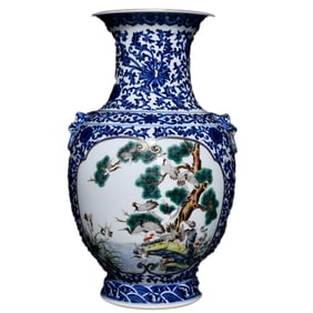 Chinese Gilt Edge Blue Ane White Porcelain + Famille Rose Pine Tree & Crane Design Porcelain Vase