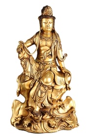 Superb Old Tibetan Gilt Gold Copper Kwan-yin Statue