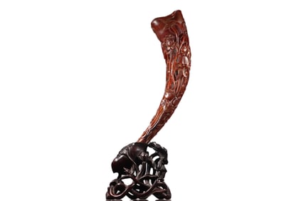 Openwork Ox Horn Carved Lotus Leaf & Lotus Flower Statue w Zitan Wood Base