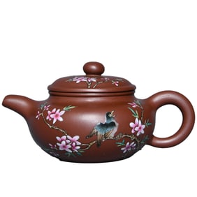 Chinese Famille Rose Yixing Zisha Clay Plum Flower & Magpie Teapot w Artist Signed