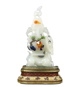 Exquisite Chinese White Hetian Jade Carved Fortune Deer Vase Statue