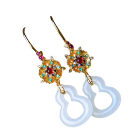 A Pair Exquisite Silver Plated Gilt Gold Inlay White Hetian Jade & Gem Earring