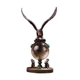 Vintage Copper Inlay Green Jade Eagle Mechanical Clock