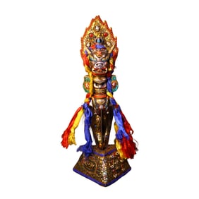 Tibetan Gilt Gold Copper Inlay Gem & DZI Agate & Turquoise Dharma-vessel Statue