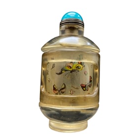 Old Chinese Peking Glass Inside Painting Butterfly Design Turn Heart Snuff Bottle w Stopper