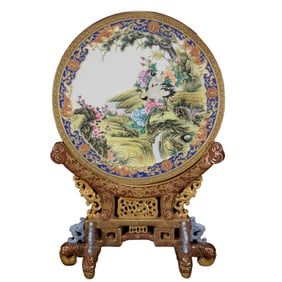 Chinese Qing Dynasty Gilt Edge Famille Rose Pine Tree & Crane Design Porcelain Screen
