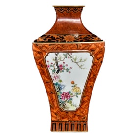 Chinese Gilt Edge Wood Grain Glaze Famille Rose Hundreds Of Flowers In Bloom Design Porcelain Vase