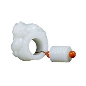 Superb Chinese White Hetian Jade Carved Fortune Pixiu Thumb Ring Pendant