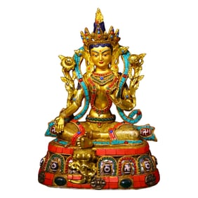 Superb Old Tibetan Gilt Gold Copper Inlay DZI Agate & Turquoise Tara Statue
