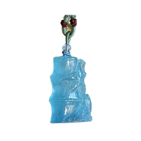 Beautiful Natural Aquamarine Carved Fortune Bamboo Pendant w Hand Woven Necklace