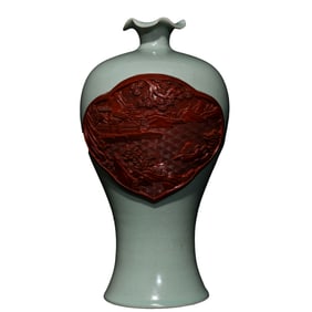 Chinese Ru Kiln Inlay Lacquerware Low Relief Idyllic Scenery Porcelain Vase