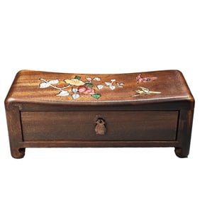 Chinese Huali Wood Inlay Shell Flowers Bird Pillow Drawer Box