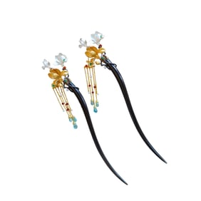 Chinese Zitan Wood & Silver Plated Gilt Gold Inlay Jadeite & Pearl & Blue Topaz Hair Decoration
