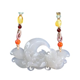 Chinese Natural Hetian Jade Carved Flower Bird Pendant