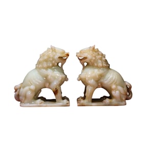A Pair Superb Vintage Chinese Hetian Jade Carved Fortune Lion Statues