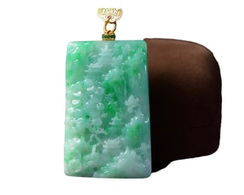 Exquisite Jadeite Carved Mountain River Scene Pendant w Jadeite Beads Necklace