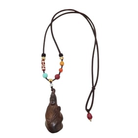 Vintage Chenxiang Wood Carved Kwan-yin Pendant w Hand Woven Beads Necklace