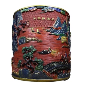 Chinese Red Lacquerware Low Relief Mountain River Scene Design Brush Pot