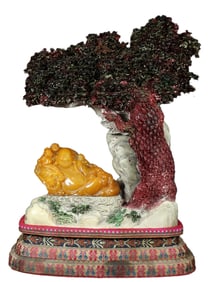 Superb Vintage Chinese Tianhuang Stone Carved Laughing Buddha Statue w Shoushan Stone Base