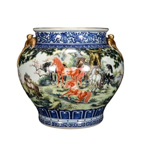 Chinese Gilt Edge Blue And White Porcelain + Famille Rose Eight Horse Design Porcelain Jar