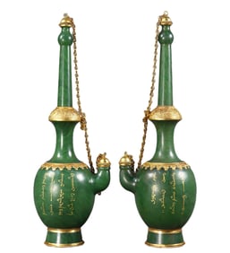 A Pair Superb Chinese Green Hetian Jade Vases