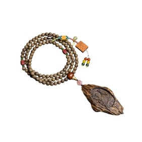 Old Chinese Chenxiang Wood Low Relief Siddhartha Buddha Pendant w Beads Necklace