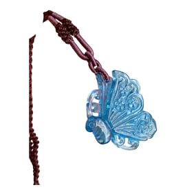 Beautiful Natural Aquamarine Carved Butterfly Pendant w Hand Woven Necklace