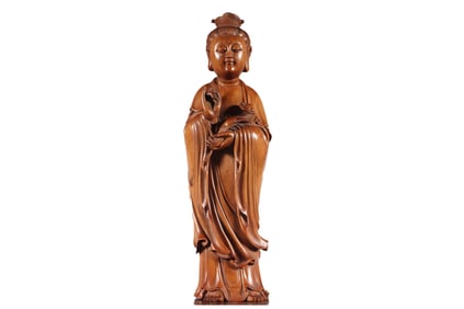 Vintage Chinese Sandalwood Carved Ruyi Kwan-yin Statue