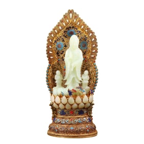 Exquisite Chinese Hetian Jade Carved Kwan-yin Statue w Gold Wires Enamel Inlay Gems Base
