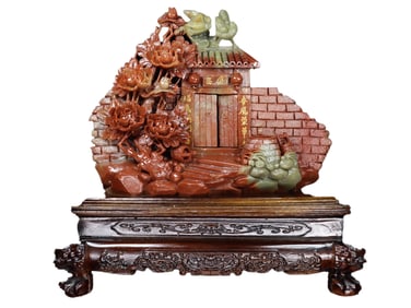 Vintage Chinese Shoushan Stone Carved Plum Flower & Magpie Statue