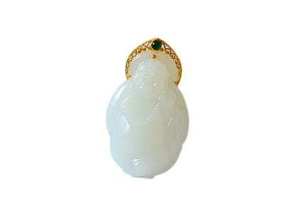 Exquisite Chinese 18K Gold Inlay White Hetian Jade Carved Laughing Buddha Pendant