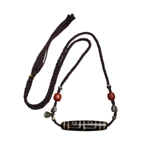 Old Tibetan 4 Eye DZI Agate Lucky Pendant w Hand Woven Necklace