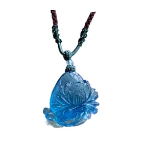 Beautiful Natural Aquamarine Carved Flower Pendant w Hand Woven Necklace