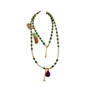 Exquisite 18K Gold & Green Jadeite & Pearl Beads Necklace