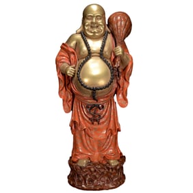 Chinese Qing Dynasty Gilt Gold Iron Red Glaze Porcelain Laughing Buddha Statue