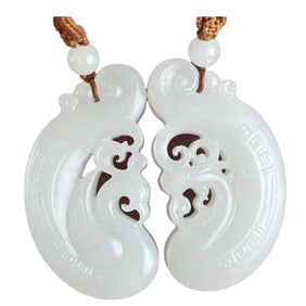 A Pair Superb Chinese Hetian Jade Carved Dragon Phoenix Pendant w Certificate