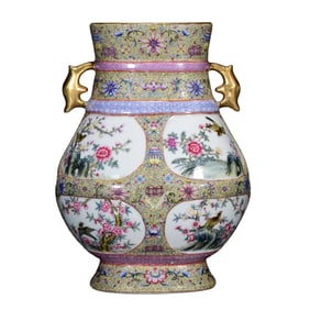 Chinese Qing Dynasty Gilt Edge Famille Rose Flowers Bird Design Porcelain Vase