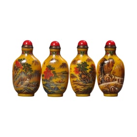 Old Chinese Famille Rose Yellow Peking Glass Mountain River Scene Design Snuff Bottle w Stopper