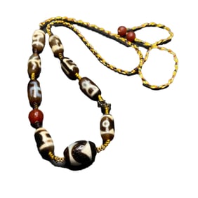 Old Tibetan DZI Agate Lucky Pendant w Hand Woven Necklace