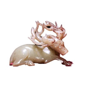 Vintage Chinese Hetian Jade Carved Fortune Deer Statue
